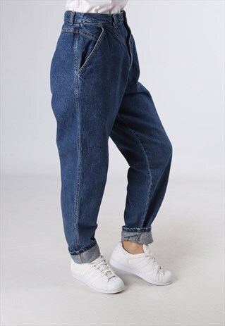HIGH WAISTED DENIM JEANS WIDE TAPERED LEG UK 12 (C92K)