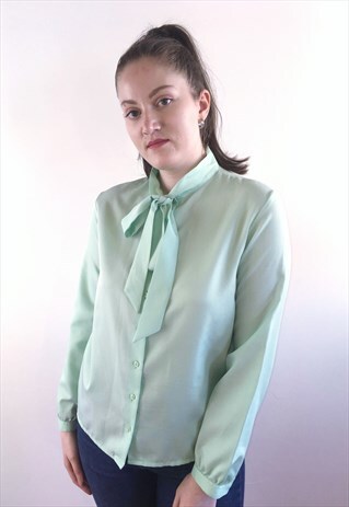 WOMENS VINTAGE 80S TOP MINT GREEN PUSSYBOW BLOUSE SHIRT
