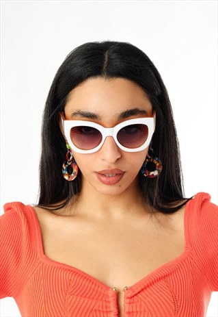 White Orange Framed Chunky Cat Eye Sunglasses