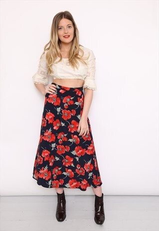 VINTAGE 90S POPPY FLORAL PRINT MIDI SKIRT