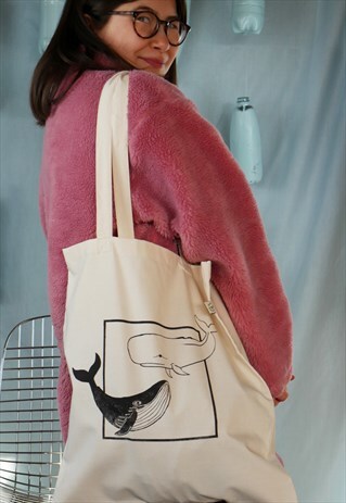 ORGANIC TOTE BAG IN NATURAL WITH WHALE PRINT