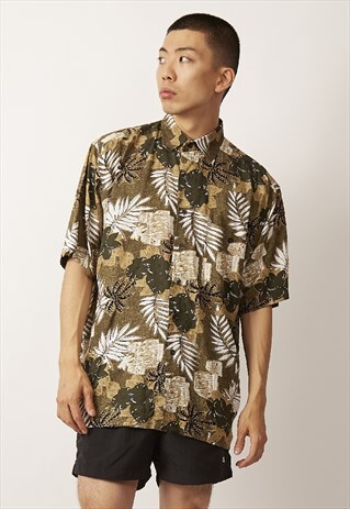 VINTAGE CRAZY PRINT MOSS GREEN HAWAIIAN SHIRT