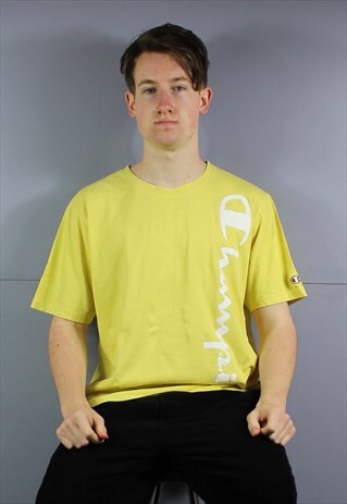 VINTAGE CHAMPION T-SHIRT IN YELLOW WITH PRINTED AND EMBROIDE