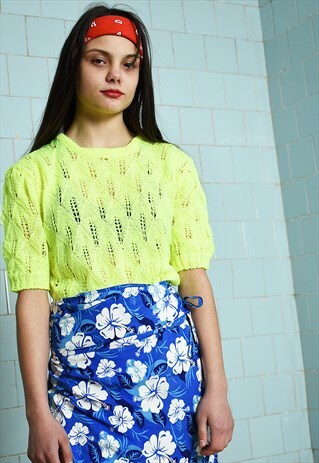 VINTAGE 70S RETRO BRIGHT YELLOW CROCHET KNIT MOD TOP BLOUSE