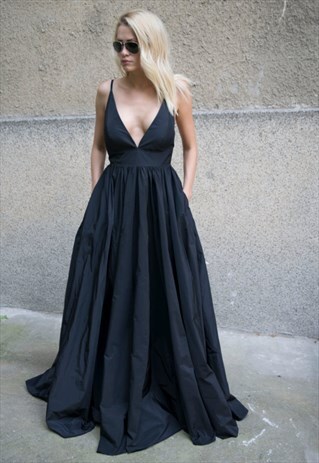TAFFETA DRESS/EVENING/LONG/PROM DRESS/BLACK/OPEN BACK/F1617