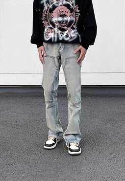 Blue Washed Patchwork Printed Denim Jeans pants trousers