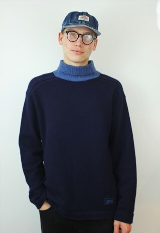 VINTAGE VERSACE BLUE ROLL-NECK JUMPER, XXL
