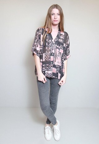 VINTAGE 1990'S GREY & PINK ABSTRACT PRINT SHEER SHIRT