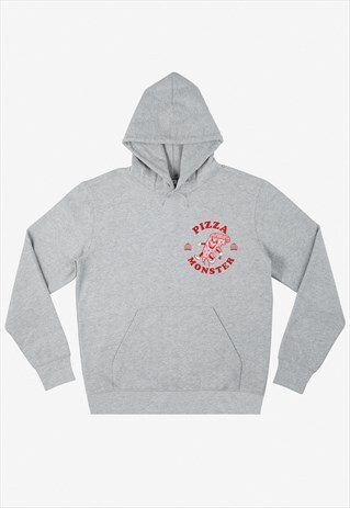 PIZZA MONSTER UNISEX VINTAGE STYLE GRAPHIC HOODIE IN GREY