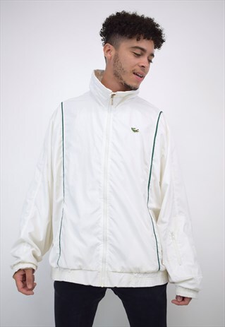 VINTAGE 90S LACOSTE WHITE GREEN PIPING JACKET
