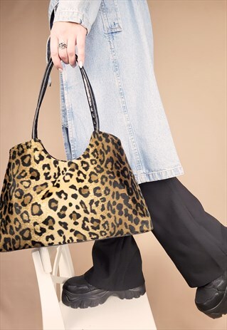 RETRO 00S Y2K FAUX FUR ANIMAL PRINT SHOULDER BAG