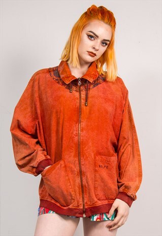 90'S VINTAGE BRIGHT ORANGE FAUX SUEDE BOMBER STYLE JACKET