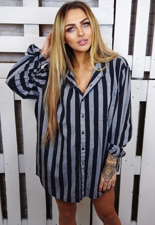 BLACK AND GREY UNISEX STRIPED VINTAGE COTTON BOYFRIEND SHIRT