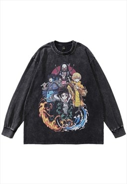 Anime t-shirt Japanese cartoon vintage wash top long tee