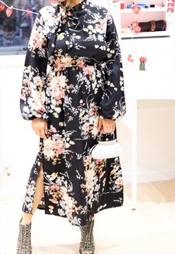 Black Floral Midi Dress With Pussy Bow