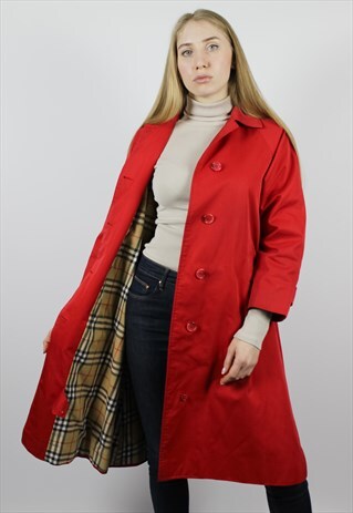 WOMENS VINTAGE BURBERRY TRECH COAT RED CHECK NOVA SIZE 10