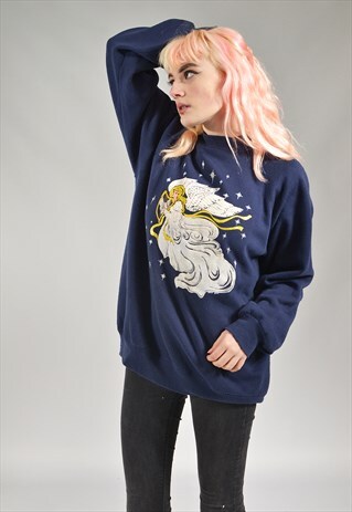 VINTAGE NAVY BLUE FAIRY PRINTED SWEATER