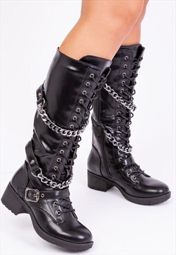 Rocky calf lace up boot with double chain design in black pu