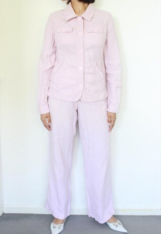 Y2K COTTON LINEN BABY PINK SUMMER SUIT BLAZER TROUSERS