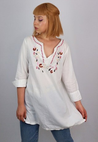 VINTAGE 80'S EMBROIDERY TUNIC BLOUSE / TOP