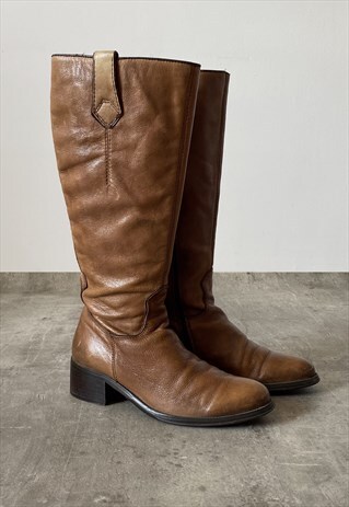 Preloved real leather knee length biker boots in tan