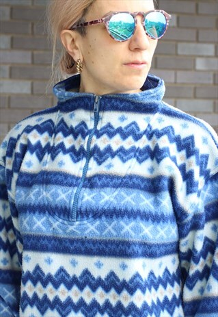 VINTAGE 1990S AZTEC PRINT QUARTER ZIP BLUE OVERSIZED FLEECE