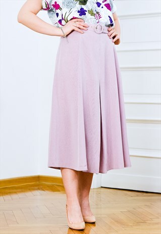 90S SKIRT SALMON VINTAGE WOMEN STRIPED BELTED HIGH WAIST