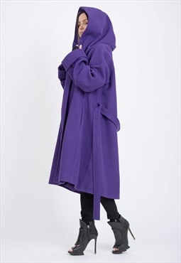 Purple hooded wool coat F2263