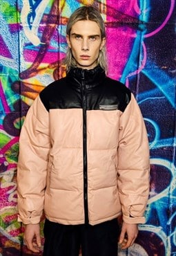Faux leather puffer contrast bomber jacket in pastel pink