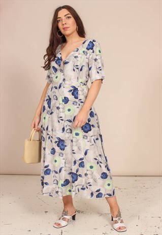 VINTAGE 80S GREY MIDI DRESS IN FLORAL PRINT
