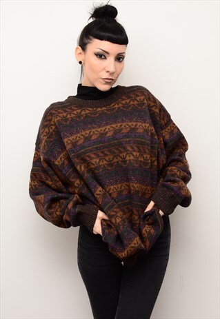 VINTAGE 90'S DARK GRUNGE ABSTRACT PATTERNED CHUNKY JUMPER