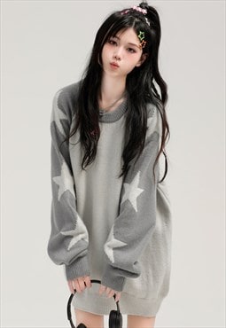 Knitted raglan sweater fluffy star print jumper in grey