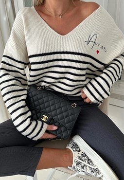 Amy Amor Heart Stripe Knitted Jumper Sweater Jumper Top