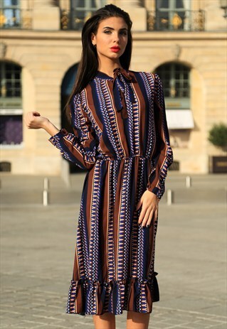 VINTAGE-INSPIRED BOHO MIDI DRESS - BLUE