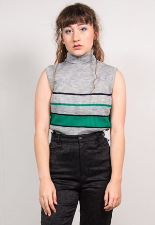VINTAGE 70'S GREY & GREEN STRIPED RIBBED TURTLE NECK VEST