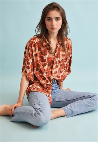 90'S RETRO ABSTRACT PRINT OVERSIZED DADS BLOUSE TOP