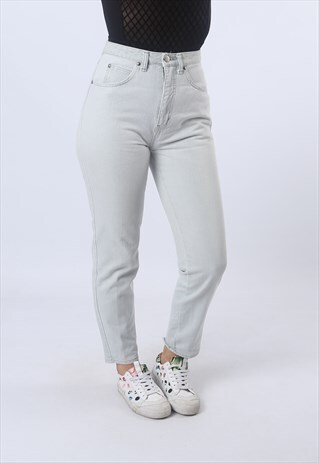 HIGH WAISTED DENIM JEANS TAPERED LEG VINTAGE UK 8-10 (A95U)