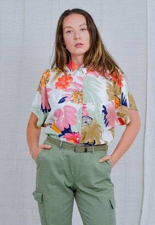PRINTED SHIRT VINTAGE ANIMAL PRINT PLANTS WOMEN SHORT SLEEVE
