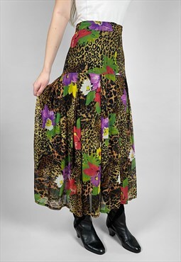 80's Vintage Ladies Animal Print Brown Floral Midi Skirt