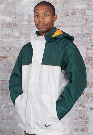 VINTAGE NIKE BIG LOGO PUFFER JACKET GREEN GREY
