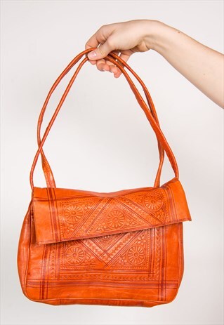 VINTAGE 90'S ORANGE LEATHER TOOLED HANDBAG BAG