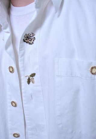 FLORAL EMBROIDERY VINTAGE WHITE SHIRT, MEN BOHO BUTTON DOWN