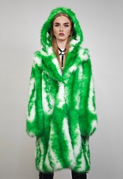 Green tie-dye coat faux fur neon shaggy hooded trench jacket