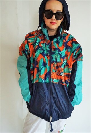 VINTAGE WINDBREAKER RAINCOAT SPORTS JACKET WITH HOOD BLUE