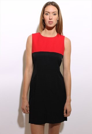 VINTAGE 1990'S 90'S TWO TONE RED BLACK SHIFT MINI DRESS L-XL