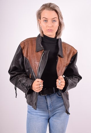 WOMENS VINTAGE LEATHER JACKET MEDIUM BLACK 90'S