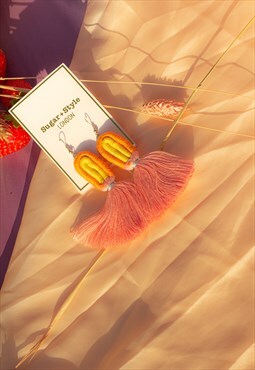 Pink and Orange Embroidery String Tassel Rainbow Earrings