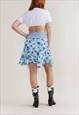 VINTAGE Y2K BELTED ASYMETRIC RUFFLE BLUE FLORAL MINI SKIRT X