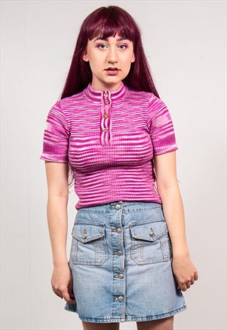 VINTAGE 70'S PURPLE STRIPED RIBBED KNIT HIGH NECK TOP