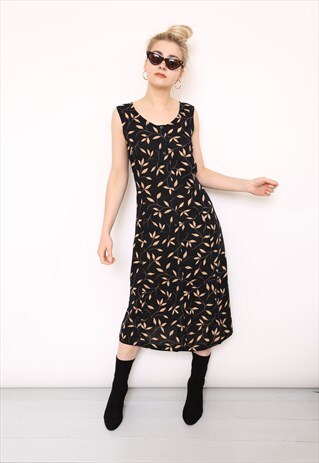 VINTAGE 90S BLACK LEAF PRINT BUTTON DRESS